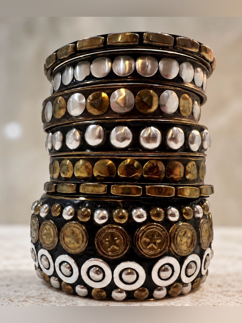 Mixed Metal Stackable Accent Bangles in Gold and Silver Set – 7 Pieces